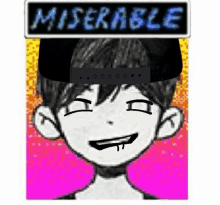 a black and white drawing of a boy wearing a hat with the word miserable written above him .