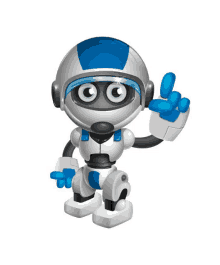 a cartoon robot with a blue helmet and headphones is giving a peace sign