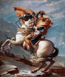 a painting of a man on a horse with the word bonaparte written on the rocks