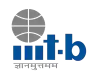 a blue and gray logo for mit-b with a basketball in the middle