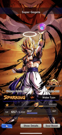 a screenshot of a video game shows a character named super gogeta