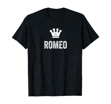 a black t-shirt with the name romeo and a crown