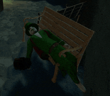 a person in a green outfit is laying on a bench