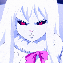 a white anime character with red eyes and a pink bow around her neck