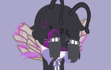 a cartoon drawing of a bug with purple wings covering its face