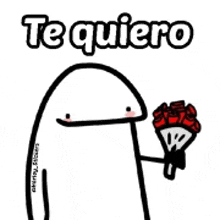 a cartoon character is holding a bouquet of red roses and says `` te quiero '' .