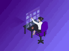 an isometric illustration of a woman sitting at a desk looking at a screen