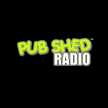 a logo for pub shed radio is shown on a black background