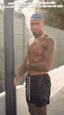 a shirtless man is standing under a shower with a caption that says someone leaving the dark sea for an hour