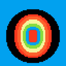 a pixel art of a rainbow colored circle with a red center on a blue background