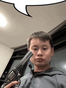 a young boy holds a gun to his face with a speech bubble above him