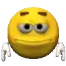 a yellow smiley face with big eyes and white hands is standing on a white background .