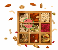 a wooden box filled with different types of nuts with a watermelon in the center