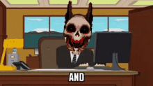 a cartoon of a man in a suit and tie sitting at a desk with a skull on his head and the word and below him