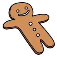 a gingerbread man with a smile on his face and three white circles on his legs