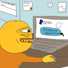 a cartoon of an orange looking at a laptop screen that says paypal on it