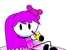 a cartoon girl with purple hair is drinking from a cup with a straw