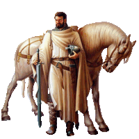 a man standing next to a horse holding a sword and a helmet