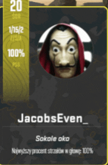 a jacobseven card with a picture of a man wearing a mask