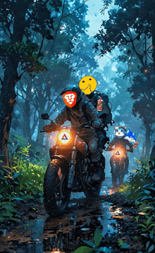 a group of people riding motorcycles in the woods