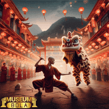 a poster for museum bola shows a man and a lion dancing