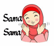 a cartoon of a woman wearing a red hijab with the words sama sama written on it .