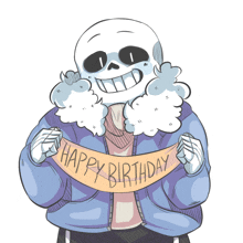 a cartoon drawing of sans holding a happy birthday banner