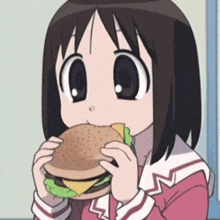 a cartoon girl is eating a hamburger with cheese