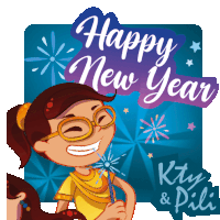 a happy new year greeting card with a cartoon girl