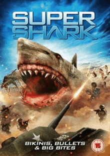 a movie poster for super shark bikinis , bullets and big bites shows a shark attacking a tank .