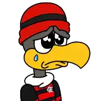 a cartoon bird wearing a red hat and a black and red shirt with the letter r on the front