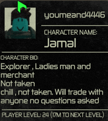 a character bio for jamal says he is explorer ladies man and merchant