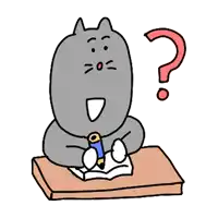 a cat is sitting at a desk with a pencil and a question mark above it .