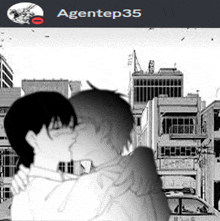 a black and white drawing of two men kissing with agentep35 written on the top