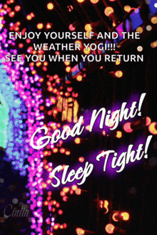 a poster that says good night sleep tight and enjoy yourself and the weather yogi