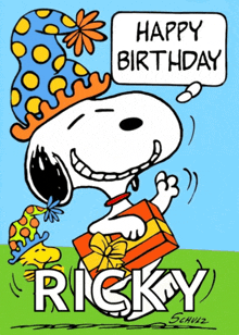 snoopy is wearing a party hat and holding a gift and says happy birthday ricky