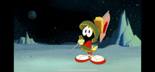 marvin the martian from looney tunes is holding a flag in his hand