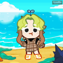 a cartoon character is standing on a beach with a cookierun logo in the background