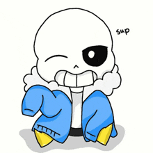 a cartoon drawing of a skeleton with the word sup written on it