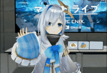 a girl in a blue and white outfit is standing in front of a screen that says rcnix on it