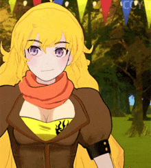 a cartoon girl with yellow hair and purple eyes is standing in front of trees and flags