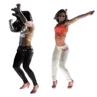 two women are jumping in the air with their arms outstretched and one is wearing an orange top