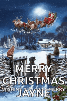 a merry christmas greeting card with santa in a sleigh being pulled by reindeer