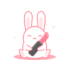 a pink bunny is holding a lipstick in its paws