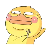 a cartoon of a duck holding a cross in its mouth