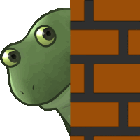 a cartoon of a green dinosaur peeking over a brick wall