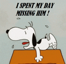 a cartoon of snoopy crying with the words i spent my day missing him