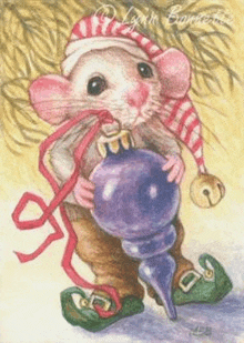 a painting of a mouse dressed as an elf holding a purple christmas ornament .