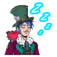 a cartoon drawing of a mad hatter sleeping with a speech bubble that says zzz