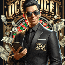 a man in a suit and tie holding a cell phone with ucok togel on his pocket